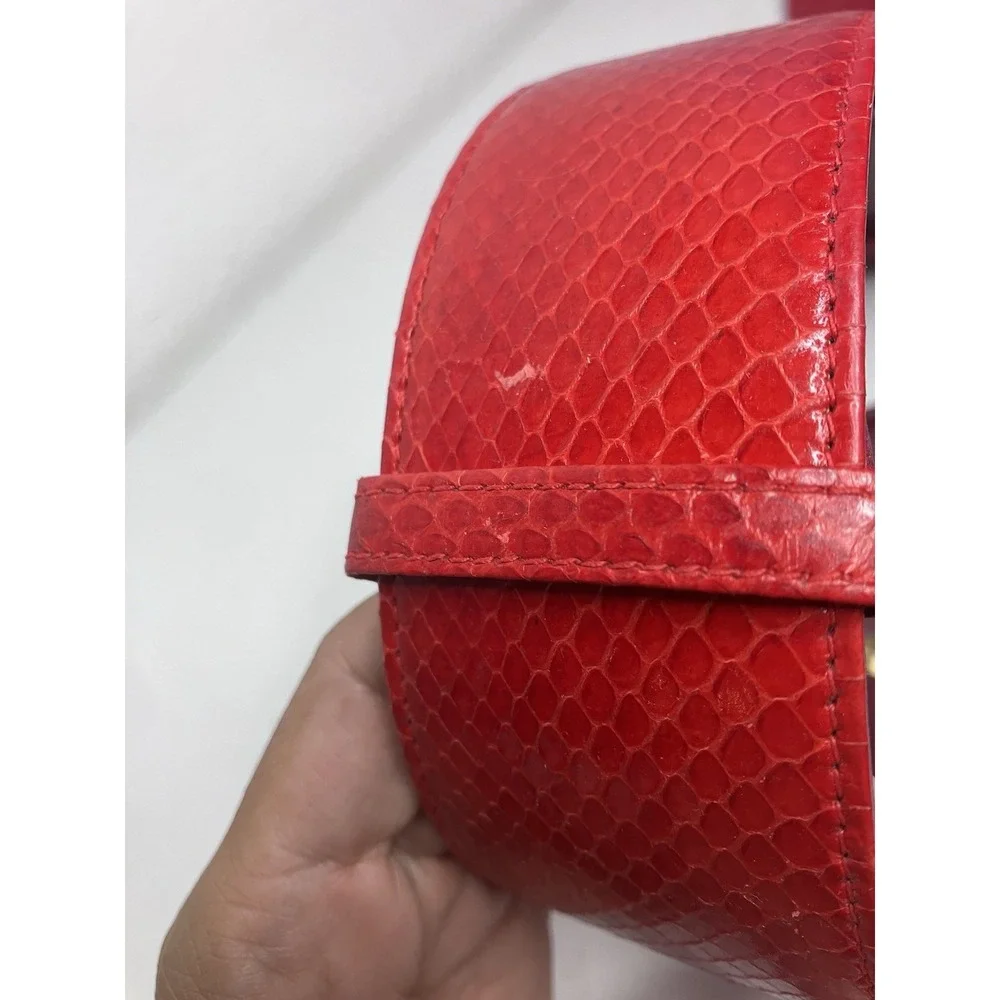 Vintage Snakeskin Belt Red Ornate Etched Gold Tone Interlocking Hook Buckle